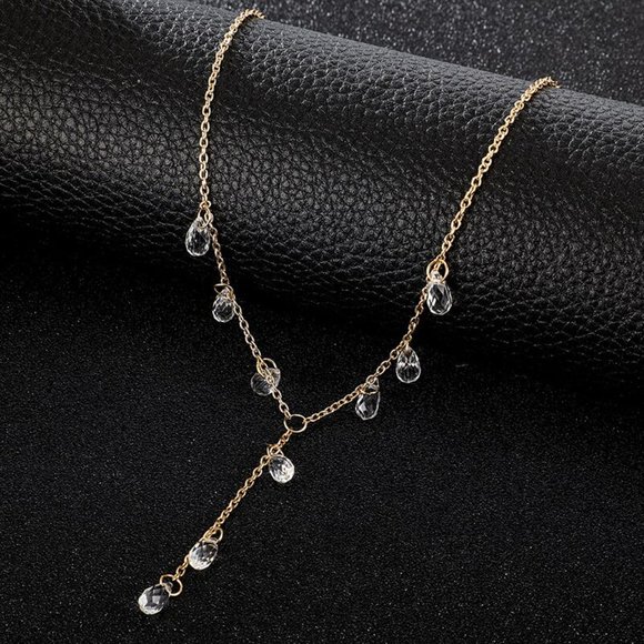 Water Drop Clear Crystal Pendant Gold Strand Necklace - Picture 4 of 8